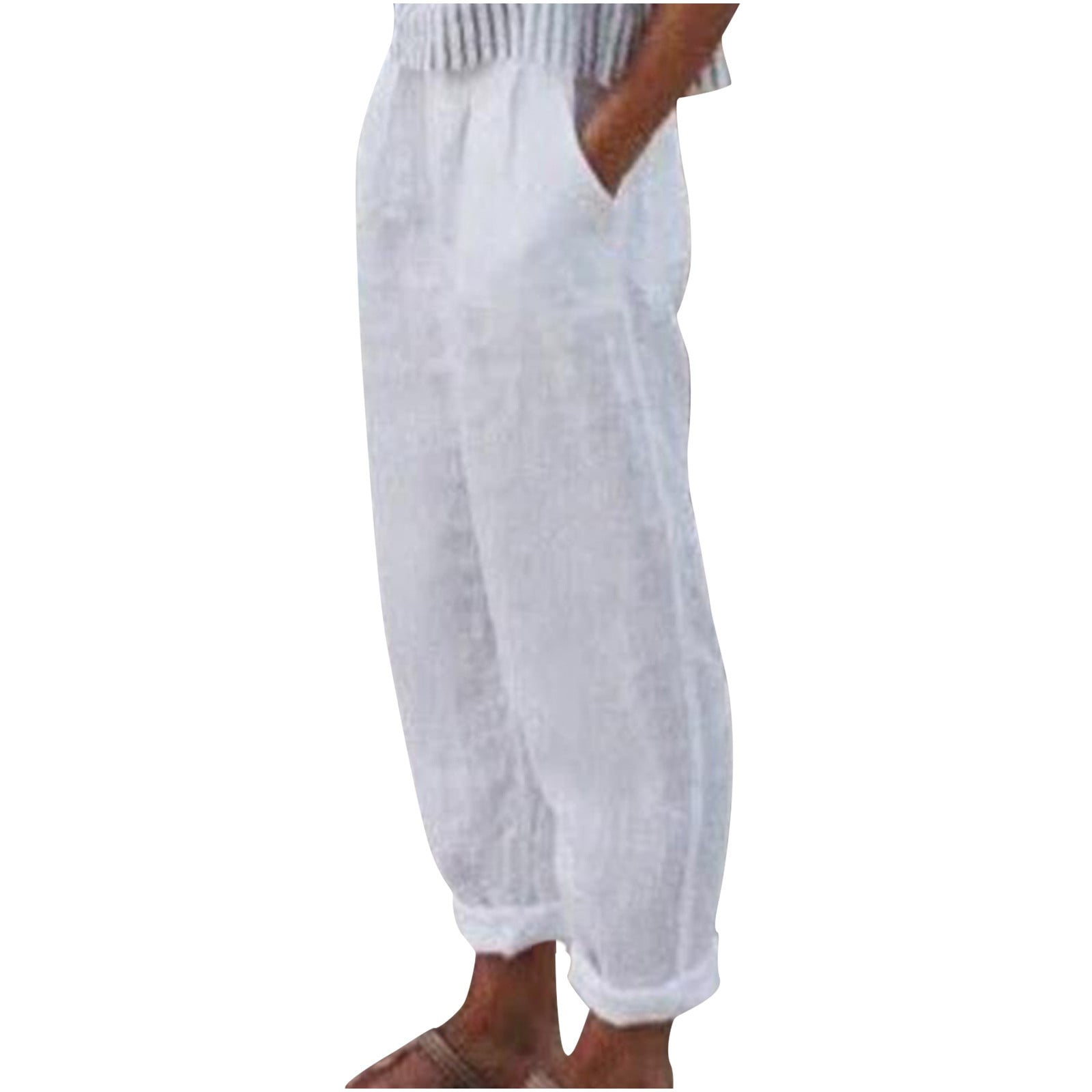WREESH Womens Fashion Cotton Linen Pants Summer Lightweight High Waisted Beach Pant Loose Solid Color Trousers with Pockets White